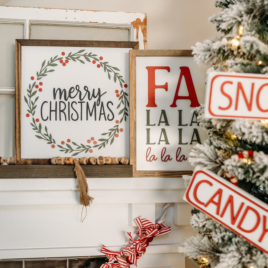 Fa La La La La Christmas Sign – 11x16 Inches – Red & Olive Green Lettering – Holiday Decor