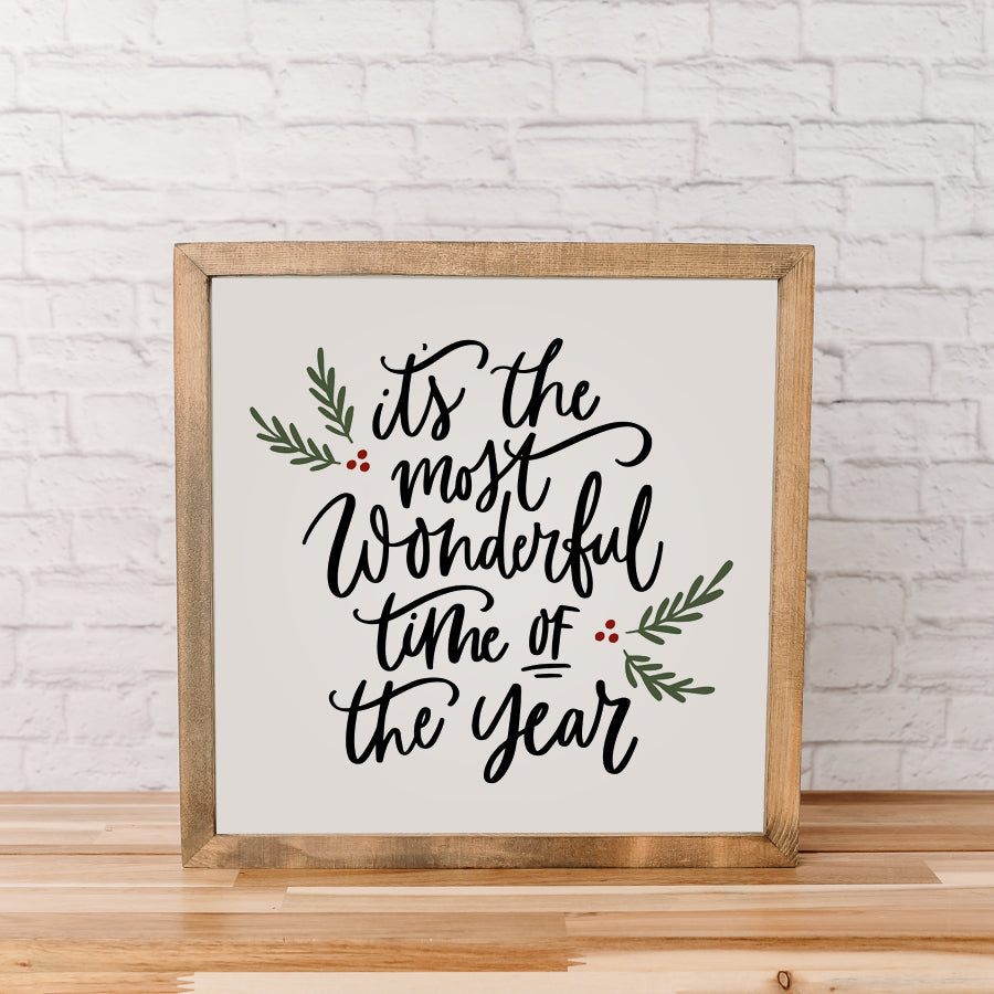 It’s the Most Wonderful Time of the Year Sign – 14x14 Inches – Black, Red & Green Lettering – Wood Framed Christmas Decor