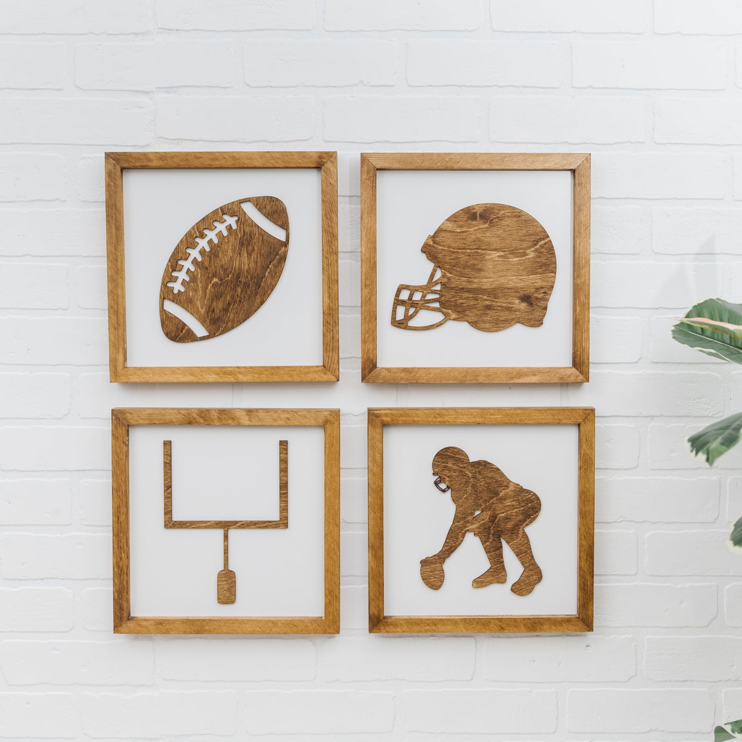 Football Set of 4 Signs | Helmet, Field Goal, Silhouette, Football | 16x16 inch