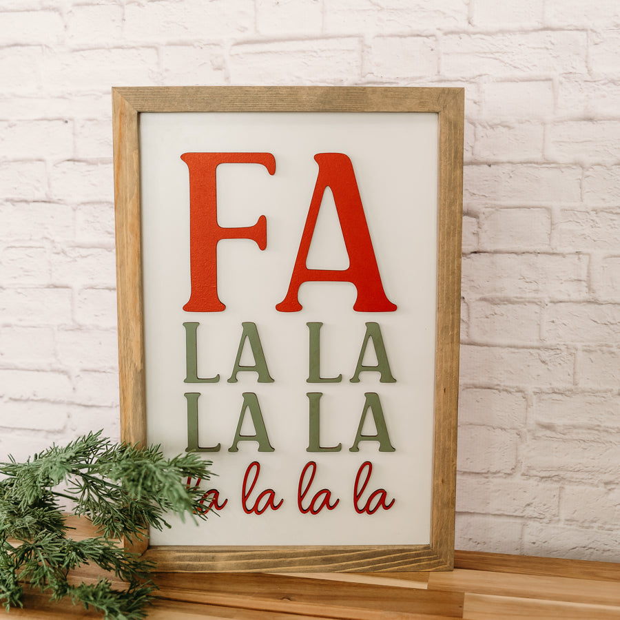Fa La La La La Christmas Sign – 11x16 Inches – Red & Olive Green Lettering – Holiday Decor