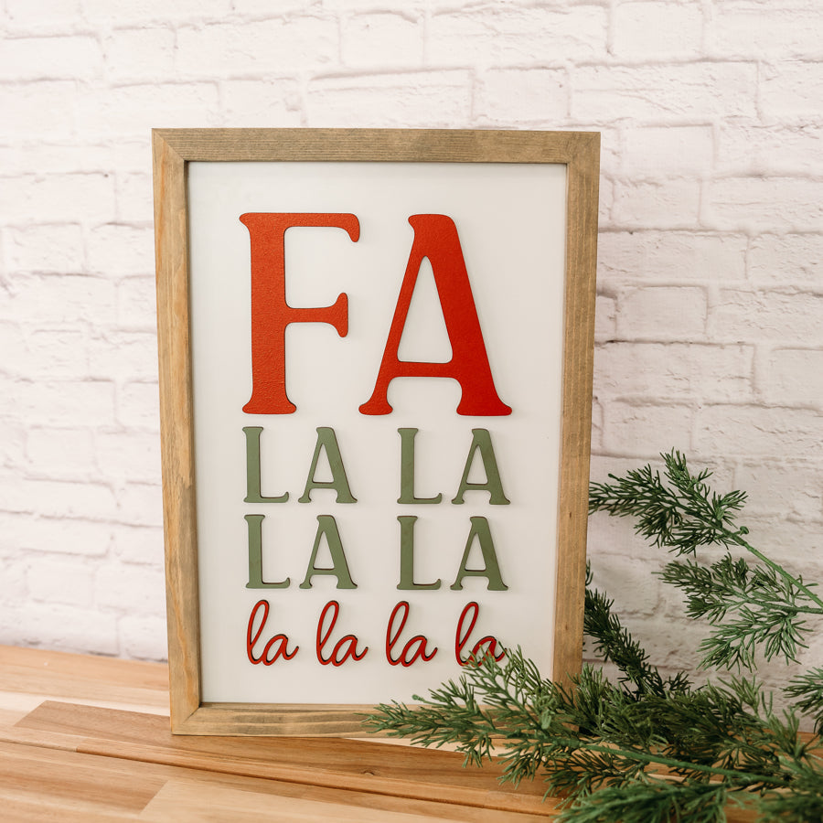 Fa La La La La Christmas Sign – 11x16 Inches – Red & Olive Green Lettering – Holiday Decor