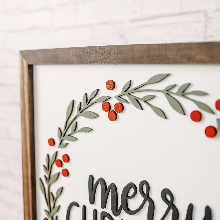 Merry Christmas Wreath Sign – 16x16 Inches – Black, Red & Green Design – Dark Walnut Wood Frame