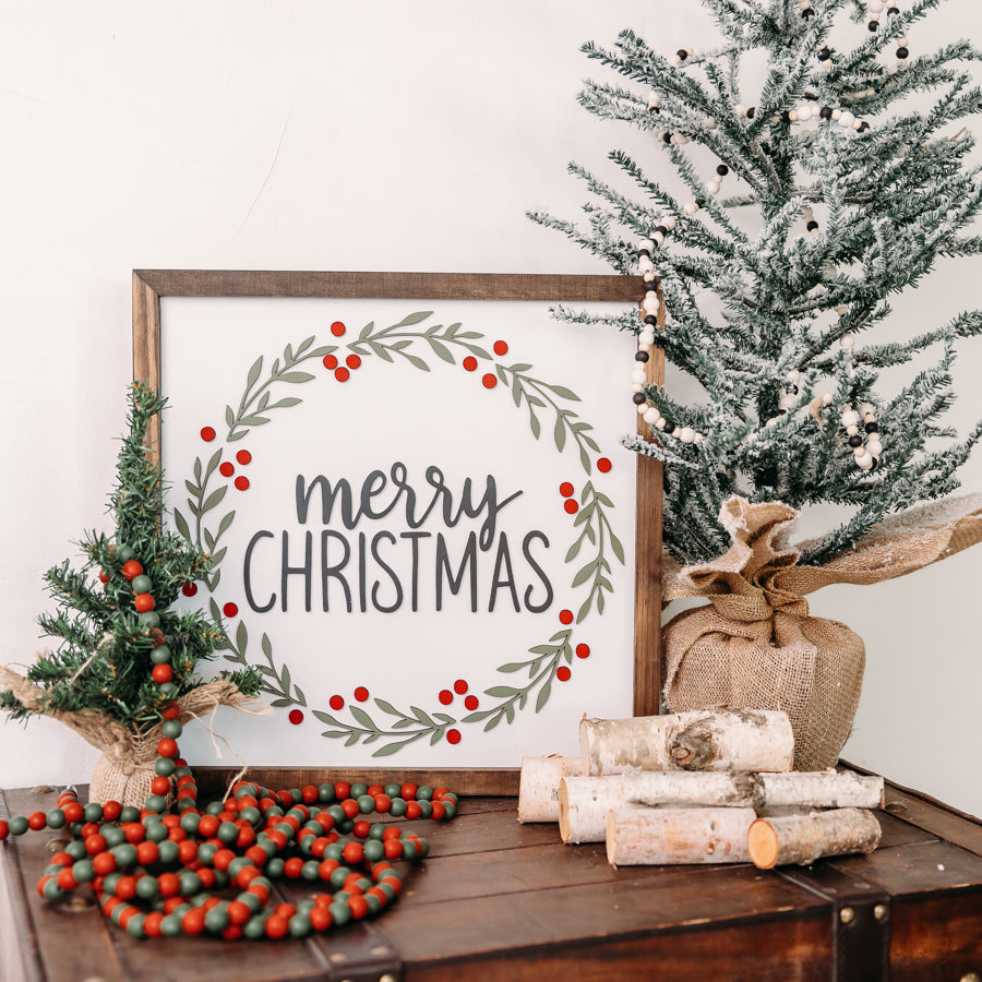 Merry Christmas Wreath Sign – 16x16 Inches – Black, Red & Green Design – Dark Walnut Wood Frame