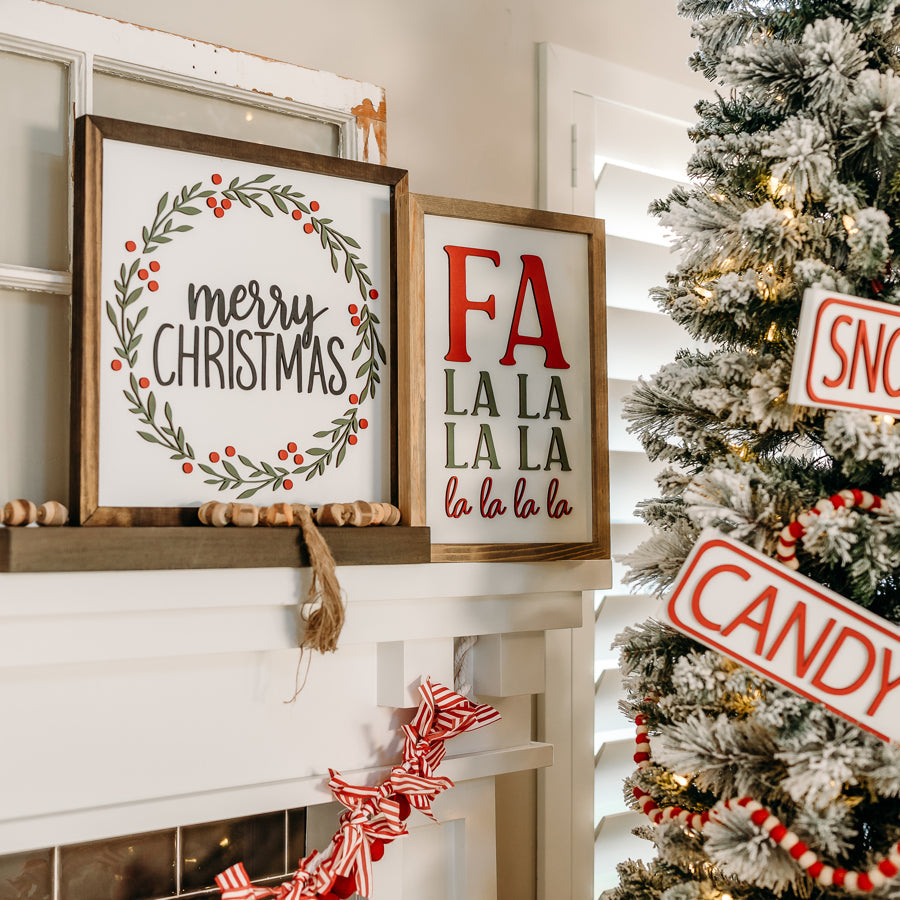Fa La La La La Christmas Sign – 11x16 Inches – Red & Olive Green Lettering – Holiday Decor