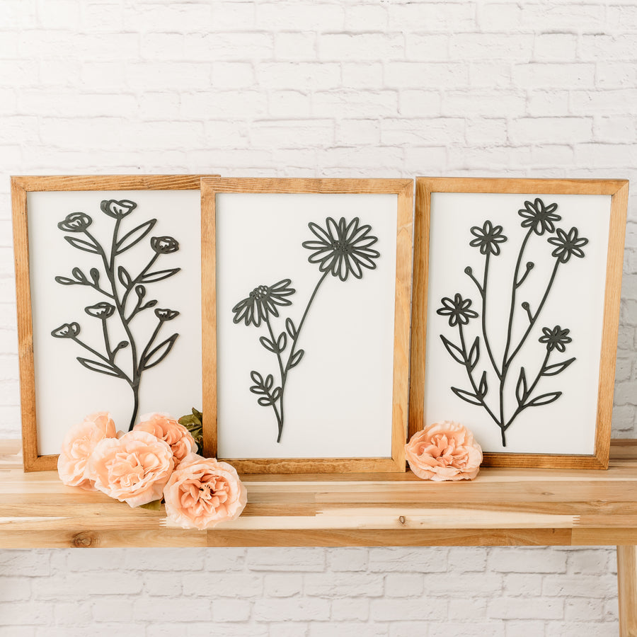 Set of 3 Floral Wood Signs | 11x16 inch Sign Set | Neutral Signs