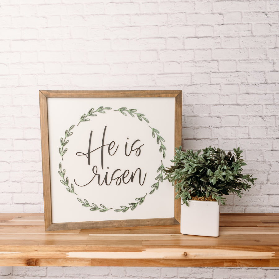 He Is Risen Wreath Sign | 16x16 inch Wood Sign