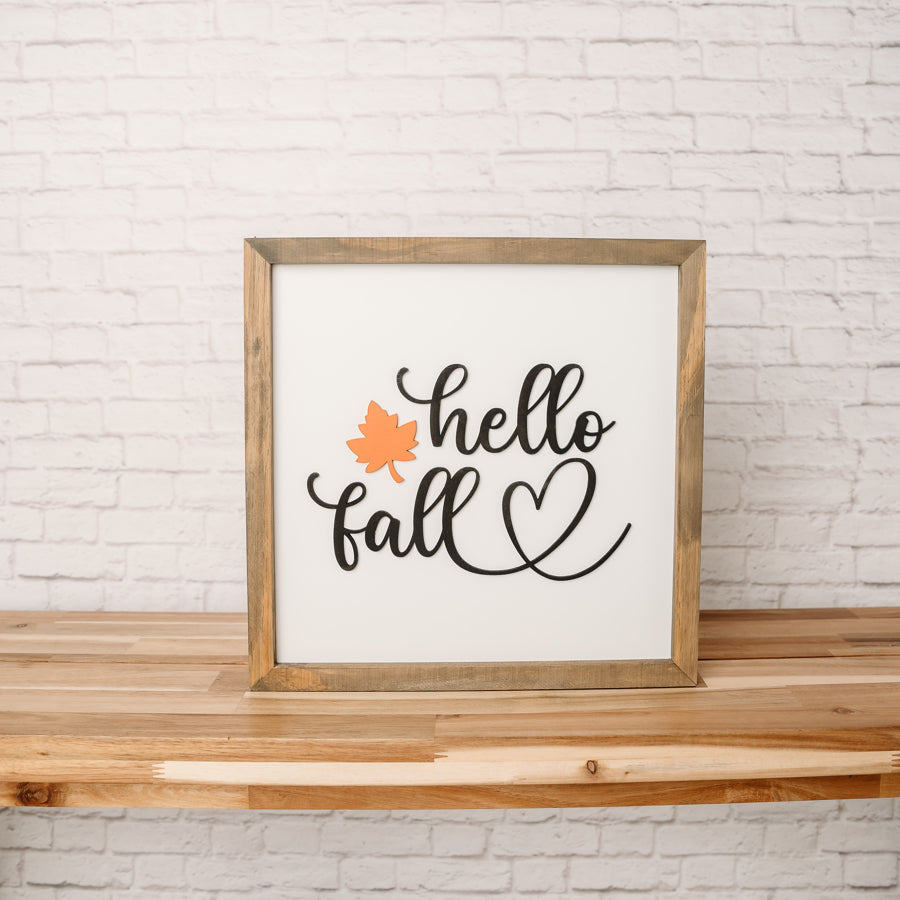 Hello Fall with Leaf | 14x14 inch Wood Framed Sign | 3D Lettering