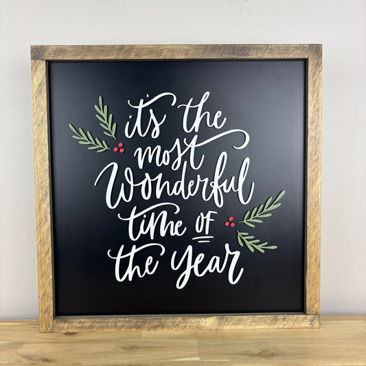 It’s the Most Wonderful Time of the Year Sign – 14x14 Inches – Black, Red & Green Lettering – Wood Framed Christmas Decor