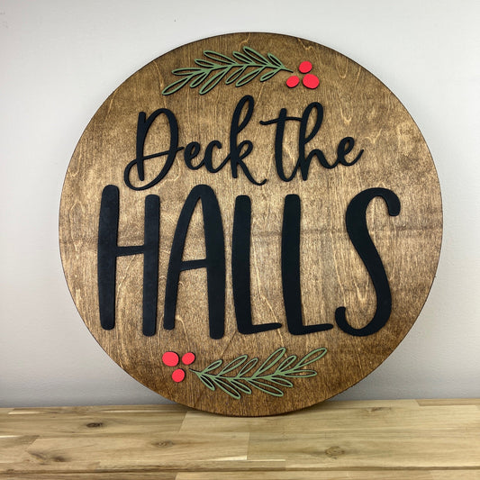 Deck the Halls Christmas Wood Round Sign – 18 Inches – Red, Green & Black Laser-Cut Design