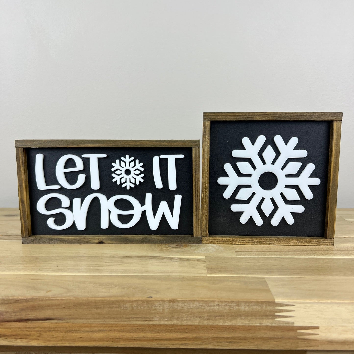 LET IT SNOW Mini Sign Bundle – 5x5 & 4x7 Inches – White 3D Laser-Cut Christmas Signs