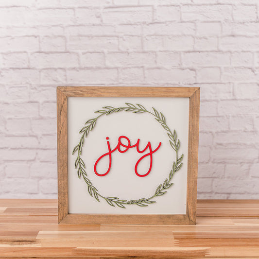 Joy Wreath Christmas Sign – 11x11 Inches – Red & Green Laser-Cut Design – Holiday Wood Decor