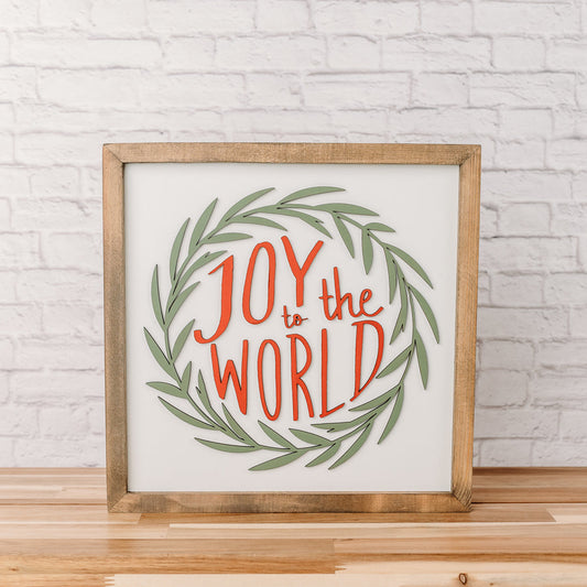 Joy to the World Wreath Sign – 14x14 Inches – 3D Laser-Cut Design – Weathered Walnut Frame