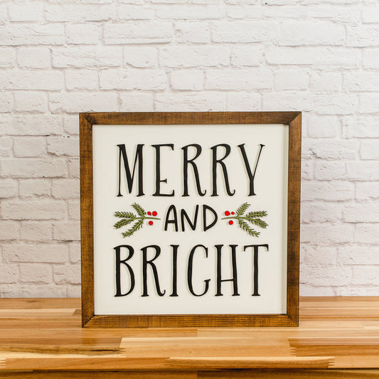 Merry and Bright Christmas Sign – 14x14 Inches – Black, Red & Green Lettering – Holiday Wood Decor