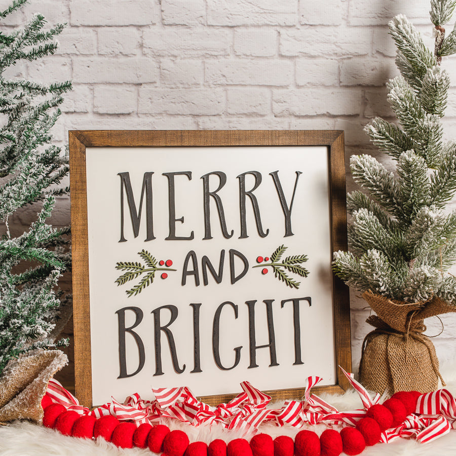 Merry and Bright Christmas Sign – 14x14 Inches – Black, Red & Green Lettering – Holiday Wood Decor