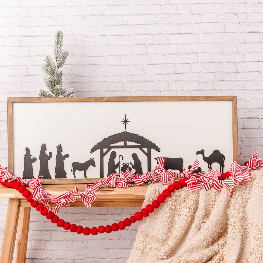 Nativity Sign – 13x35 Inches – White Background – Weathered Walnut Frame – Christmas Decor